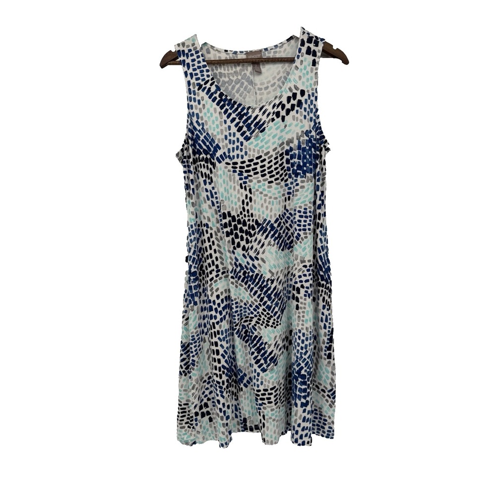 Chicos blue beachy boho‎ sleeveless stretch dress cover up artsy geometric